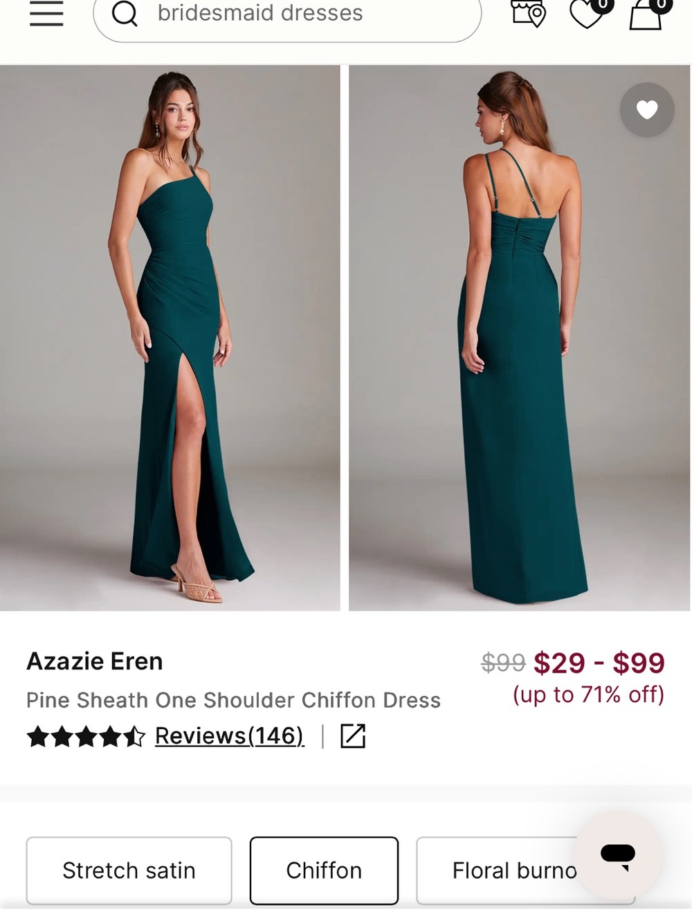Azazie Pine One-Shoulder Chiffon Gown in Pine Green
